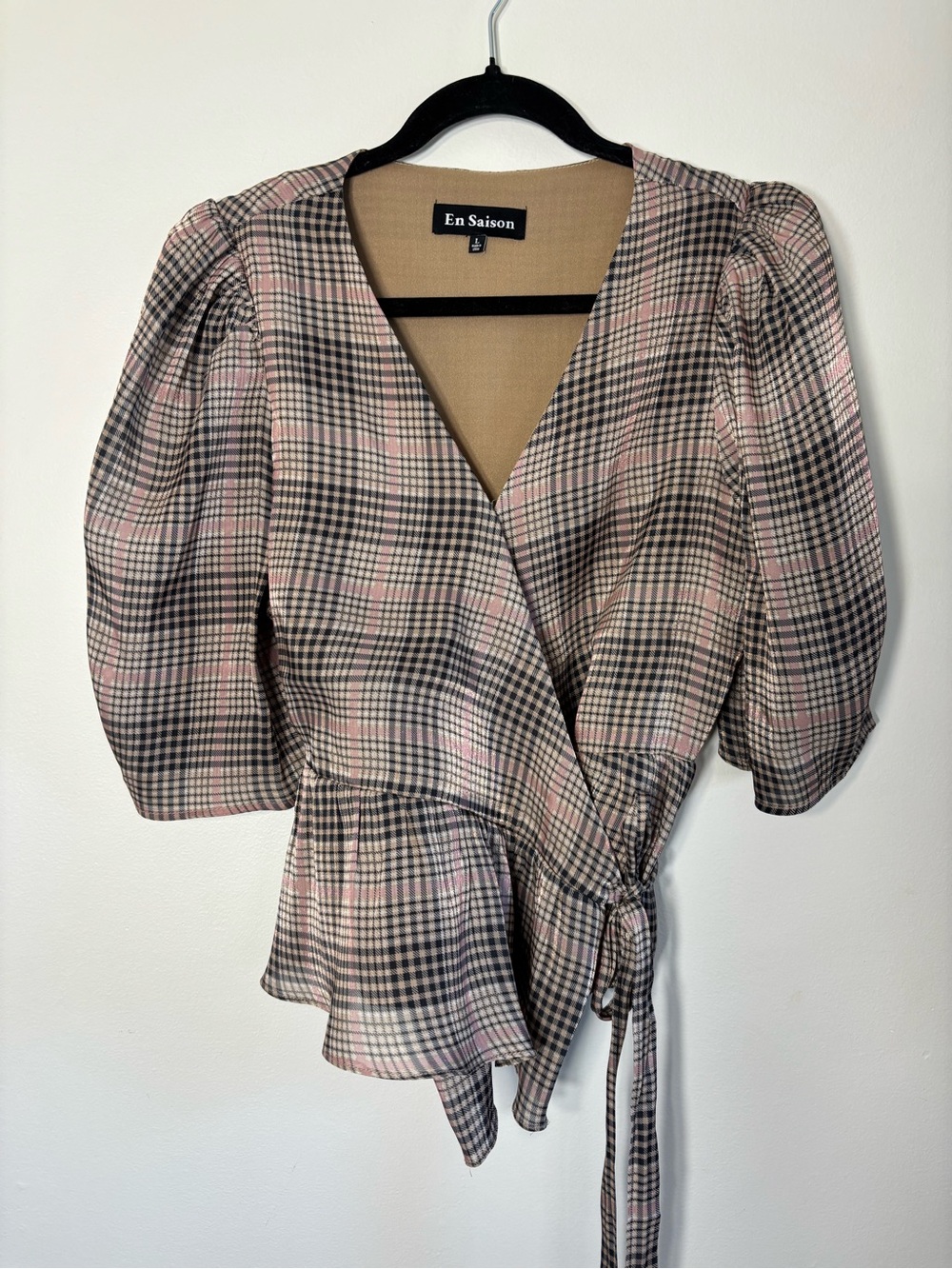 En Saison Pink, Black and Tan Plaid Wrap Peplum Top with Puff Sleeves